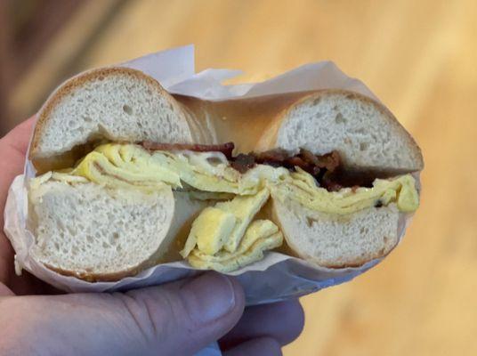 Bacon, egg and cheddar on a plain bagel. $10.50  Delicious