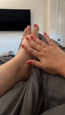 Hands single color. Feet 2 different shades of pink every other toe.