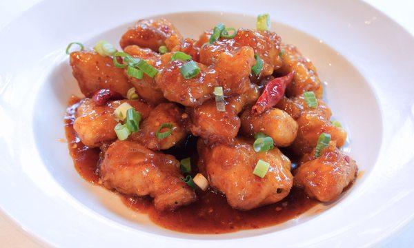 Spicy Orange Chicken- crispy chicken, thai chili peppers, sweet and spicy chili sauce.