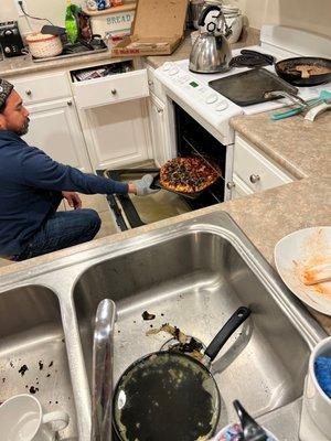 Pizza being rewarmed in our oven.