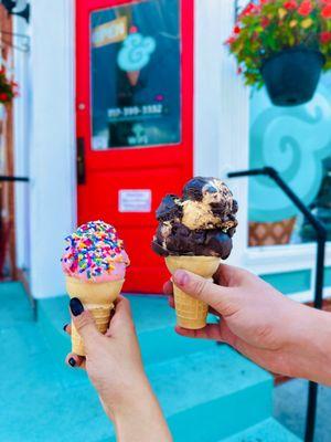 Single scoop strawberry with sprinkles & double scoop rocky road?