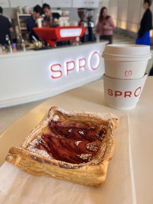 Strawberry croissant pie with latte