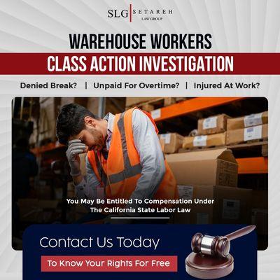 Attention warehouse workers! Unpaid wages? Denied breaks? Setareh Law Group is here for your fair treatment and justice!  #WorkersRight