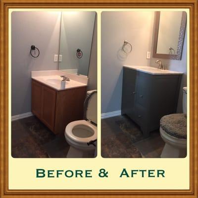 Before and after pic of one half of upstairs Jack n Jill bath.