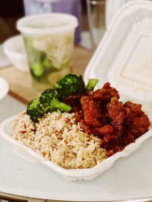 Front: House Special Spareribs Broccoli Beef with fried rice. Back: large Wonton Soup