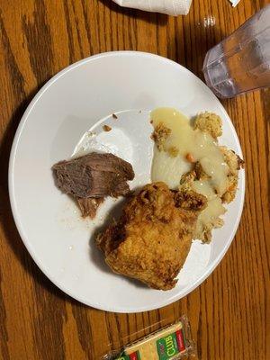 Fried chicken, Roast Beef Potatoes and Gravy