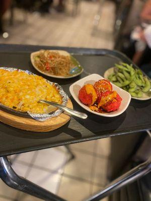 Corn Cheese, shrimp poppers, edamame, and Japchae