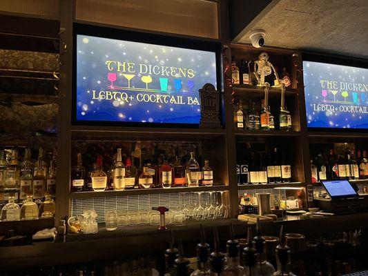 The view of behind the bar, decorated for Halloween.