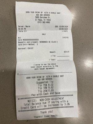 Receipt for half of the total