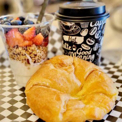 Light Breakfast with Yogurt Parfait, Butter Croissant and Coffee