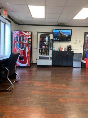 Reasonably well stocked vending machine and a TV to watch while you wait.