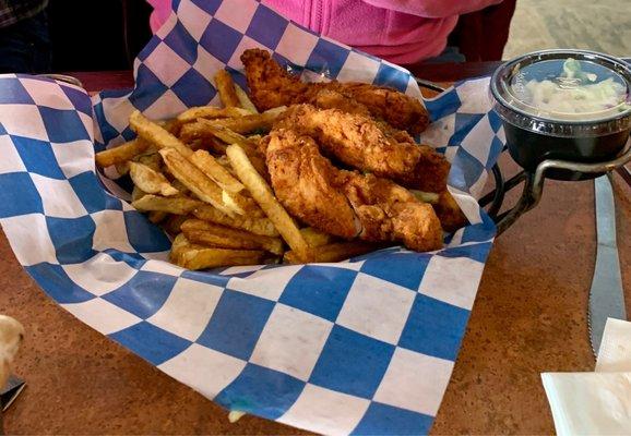 Lunch chicken tender basket with fries and slaw