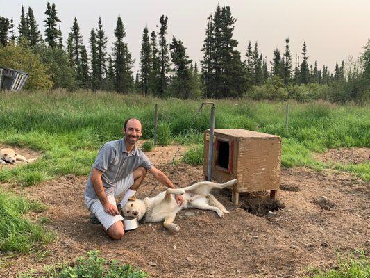 Making nice with one of the sled dogs.