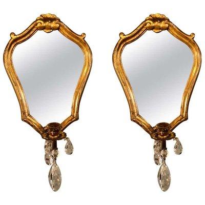 Pair of Wall Sconces with Crystals in Giltwood