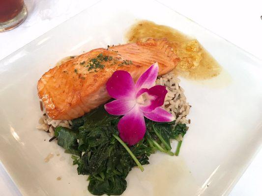 Orange seared salmon, rice and spinach.