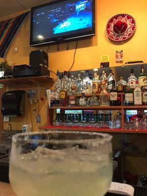 One bar, one bar stool, one television, but certainly not one margarita.  Quirky, quaint and welcoming!