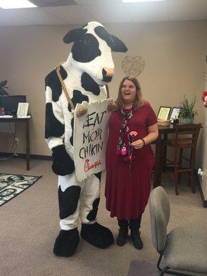 Sandy with the chick fil a cow!