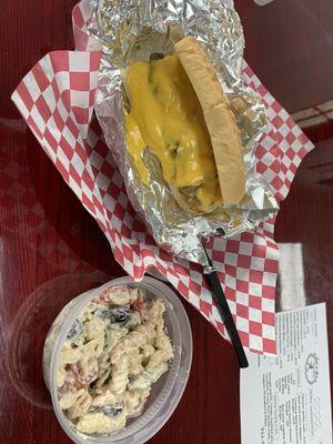 Oooey Gooey cheeseburger with past salad