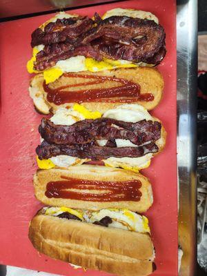 Beef bacon egg and cheese on hoagie