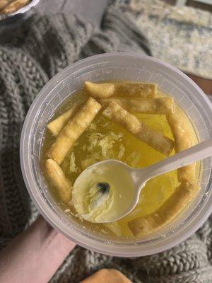 This is egg drop soup with what looks like mold in it :/ Egg Drop Soup