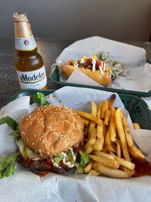 This is the smallest burger -"chikis burger" and the regular Mexican hotdog- delicious!!