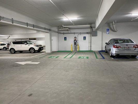 EV ChargePoint charging stations (SAE J1772) at basement level of the parking structure.