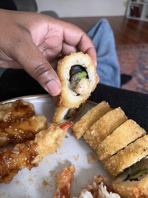 Shrimp crunchy roll with rotten avocado