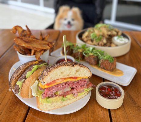 Hanger Burger ($22) w/ bacon (+$3), avocado (+$3),    Beef Cheeks ($17), Crispy Maitake Mushrooms ($16)