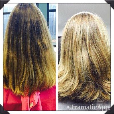 Before-dull base color with faded ends After-warm blonde base with honey golden highlights