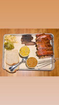 Brisket (middle) Ribs (right) Creamed Corn Baked Beans