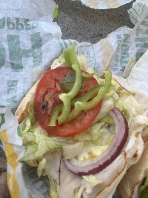 Mold in my turkey sandwich. As soon as I bit into it it had a very old taste. I opened it and almost threw up when I saw the moldy tomato's.