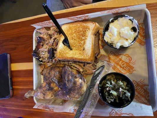 Pick 3 combo dinner.... Chicken, pulled pork and brisket with Mac and cheese and collard greens.