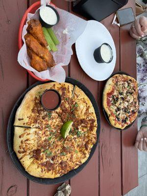 Wings Birria pizza and veggie pizza