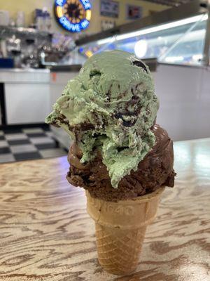 Rocky Road and Mint Moose Tracks on a cake cone.