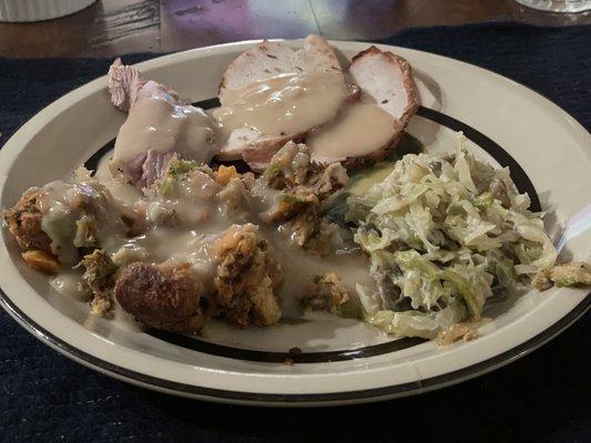 A portion of the plates food - roast Turkey, creamy leeks, stuffing with gravy. This is just a selection, there was much, much more!