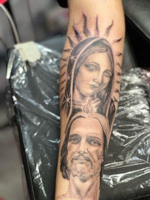 virgen de guadalupe and st jude tattoo black and  grey tattoo