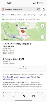 Search Engine search: Alpine Veterinary - 210 Main St.  Grace Roberts is the only veterinarian at there and does NOT work at 181 Main St.