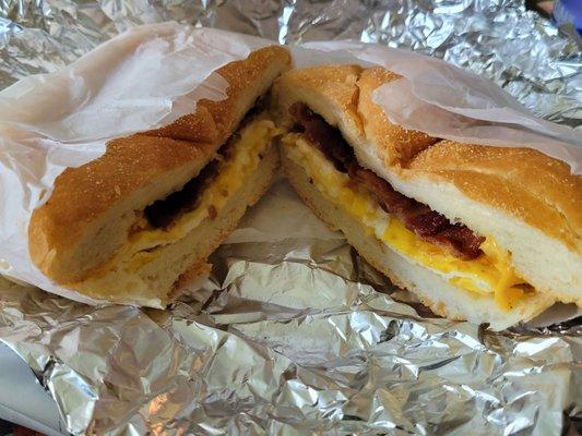 Bacon egg and cheese on a roll