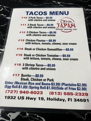 Taco menu