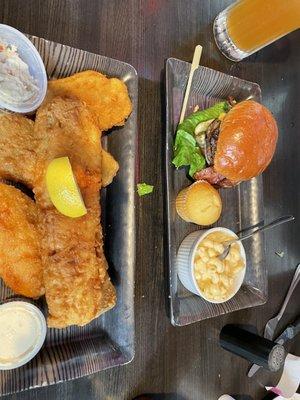 Fish n chips, burger with Mac and cheese.