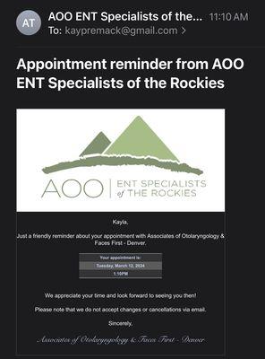 Their appointment confirmation email which does not mention coming early.