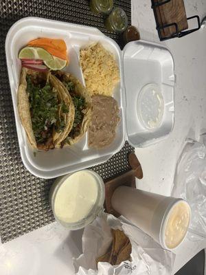 al pastor taco plate, chips and queso, mango agua fresca