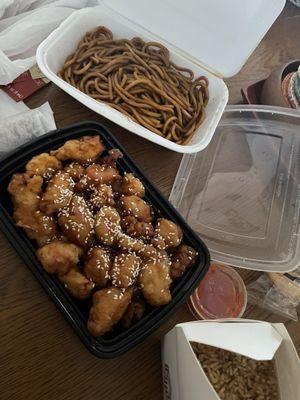 Sesame chicken, noodles, fried rice