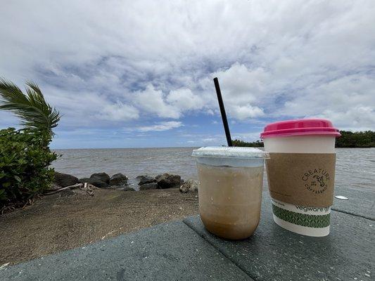 Drink at the beach close by! No seating near the actual coffee stand, but this was about a minutes drive.