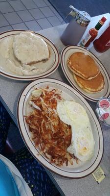 Contry fried steak and eggs with pancakes...$7.99