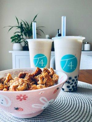 Basil Popcorn Chicken, Jasmine Green Milk Tea