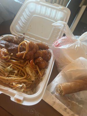 Two meats with rice or lo mein for $12.99 = $30 disgustingly spent to go into the trash. Teriyaki and orange chicken.