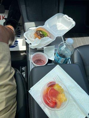 Pineapple Pete's hamburger, smoothie, and fruit cup