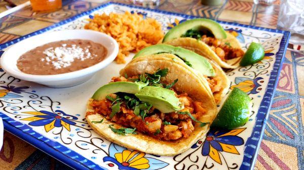 Fish Tacos, Mexican Rice, Refried Beans