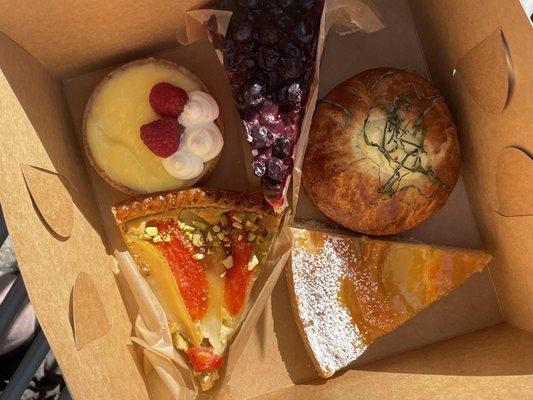 Fall Week 1 Pastries: lemon blueberry cheesecake, pear frangipane, grapefruit and pear tart, ricotta lemon brioche, lemon custard tart